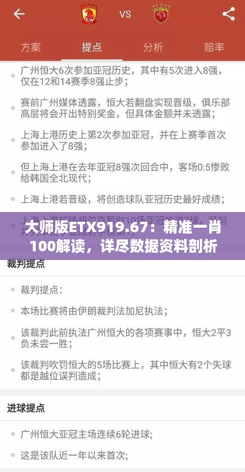 大師版ETX919.67：精準(zhǔn)一肖100解讀，詳盡數(shù)據(jù)資料剖析