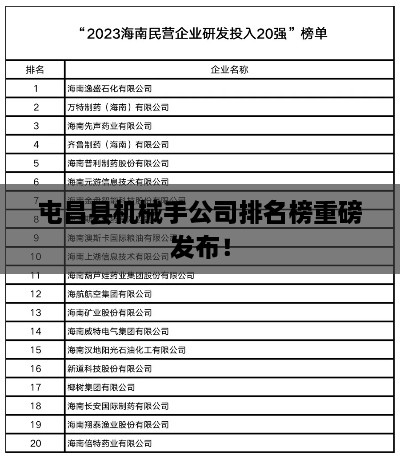 屯昌縣機械手公司排名榜重磅發(fā)布！